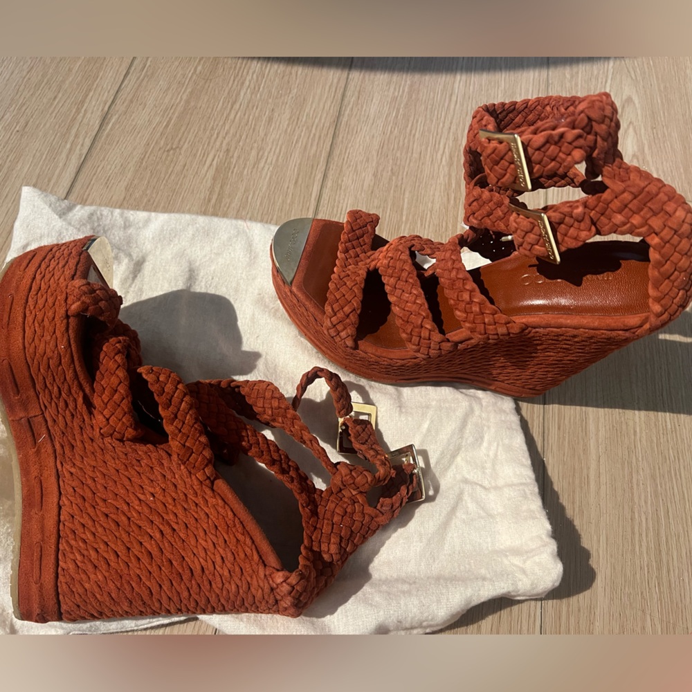 Jimmy Choo rust suede braided wedge sandals with gold-tone accents